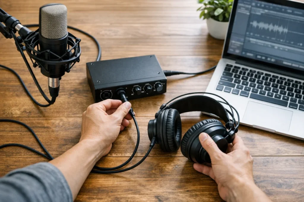 An overhead desk view of a basic beginner recording setup: microphone, small audio interface, laptop and wired headphones, with the headphone cable visibly