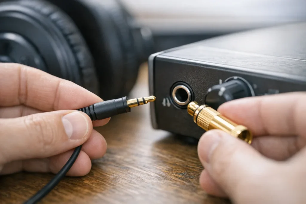 Close-up of a wired headphone cable with a 3.5 mm plug and a 6.35 mm screw-on adapter beside an audio interface headphone socket, with no brand emphasis or