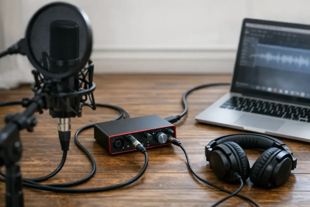 A clear overhead view of a simple non-branded vocal recording chain: microphone on a stand, cable running to a small audio interface or USB connection, hea