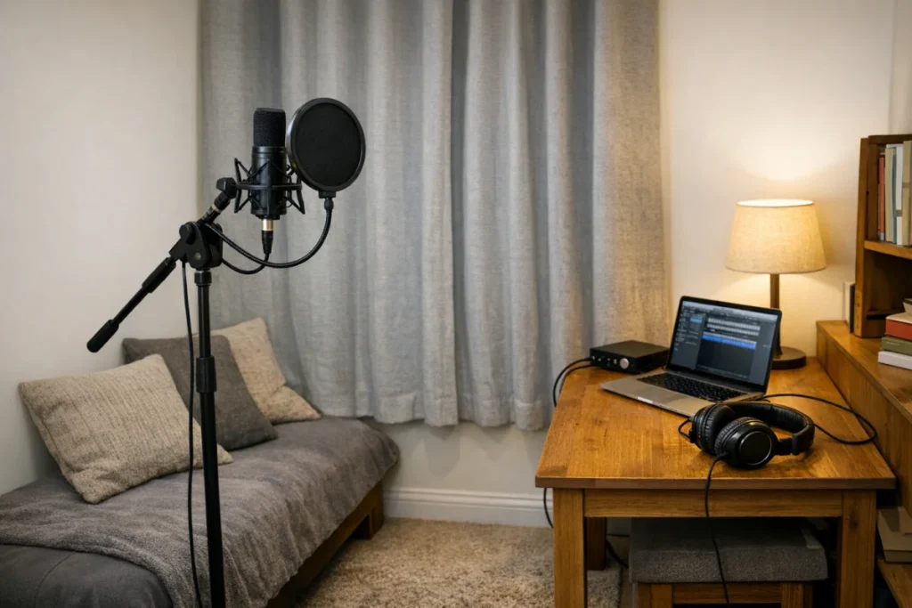 A wide, uncluttered view of a modest bedroom corner set up for vocals: microphone on a stand facing into the room, curtains closed, soft furnishings nearby